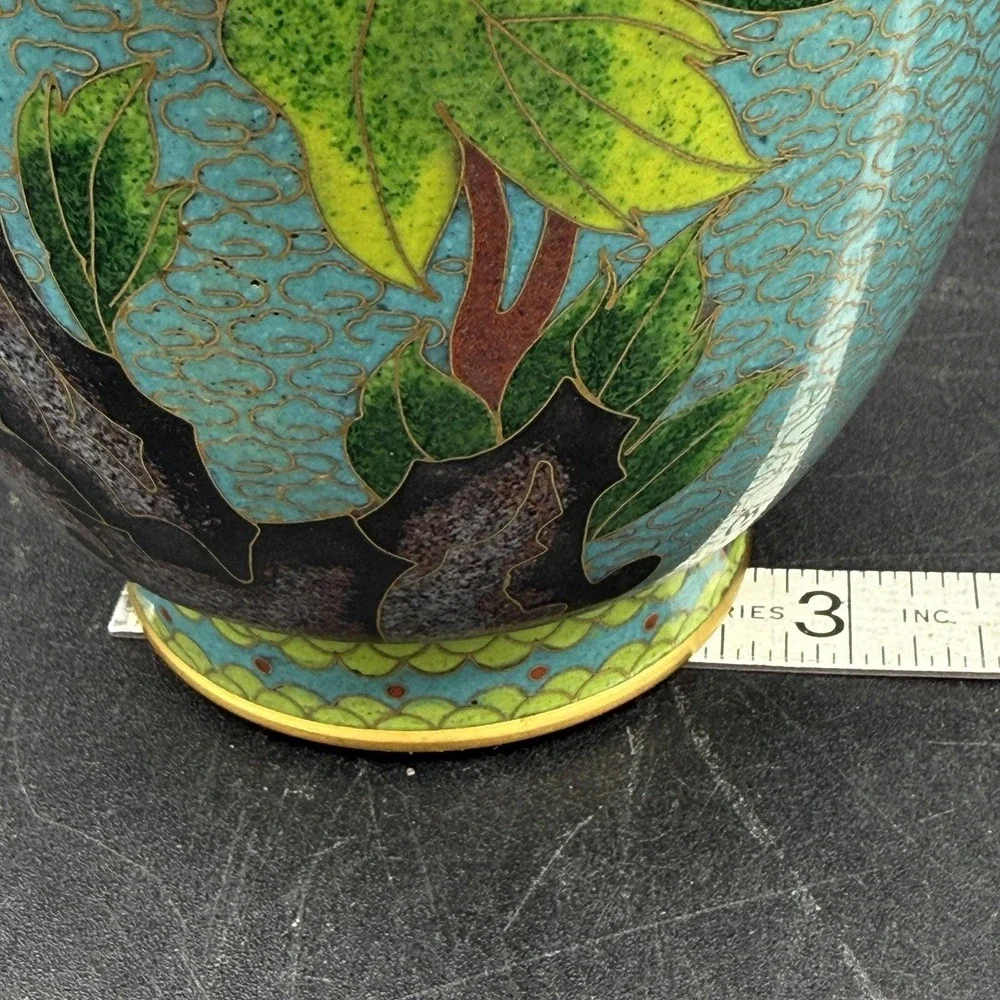 Vintage Chinese Teal Blue Cloisonne Enamel Brass Table Vases Pair Floral Birds - Picture 10 of 11